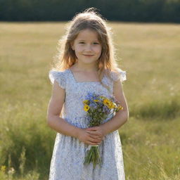 A young girl in a sunlit field, wearing a summer dress and holding a small bouquet of wildflowers.