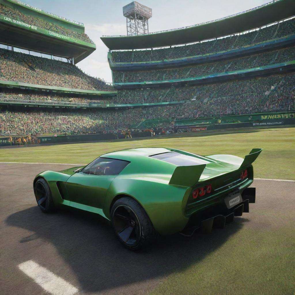 A dynamic game interface showcasing a modern, rocket-powered car at the forefront. A bustling stadium immersed in verdant green hues, alive with excitement and anticipation, sharply contrasts in the background.