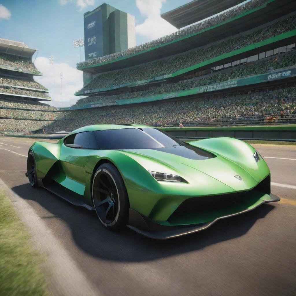 A dynamic game interface showcasing a modern, rocket-powered car at the forefront. A bustling stadium immersed in verdant green hues, alive with excitement and anticipation, sharply contrasts in the background.