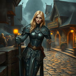 The medieval township of Phandalin, nestled between the Sword Mountains and Neverwinter Wood, shows a bustling scene with diverse species mingling in the streets