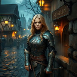 The medieval township of Phandalin, nestled between the Sword Mountains and Neverwinter Wood, shows a bustling scene with diverse species mingling in the streets