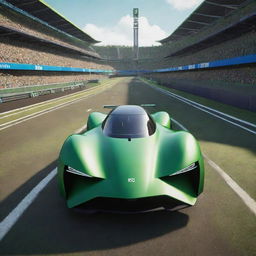 A dynamic game interface showcasing a modern, rocket-powered car at the forefront. A bustling stadium immersed in verdant green hues, alive with excitement and anticipation, sharply contrasts in the background.