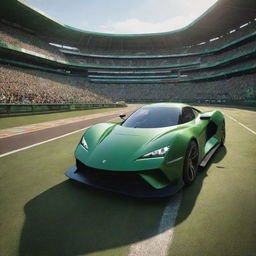 A dynamic game interface showcasing a modern, rocket-powered car at the forefront. A bustling stadium immersed in verdant green hues, alive with excitement and anticipation, sharply contrasts in the background.