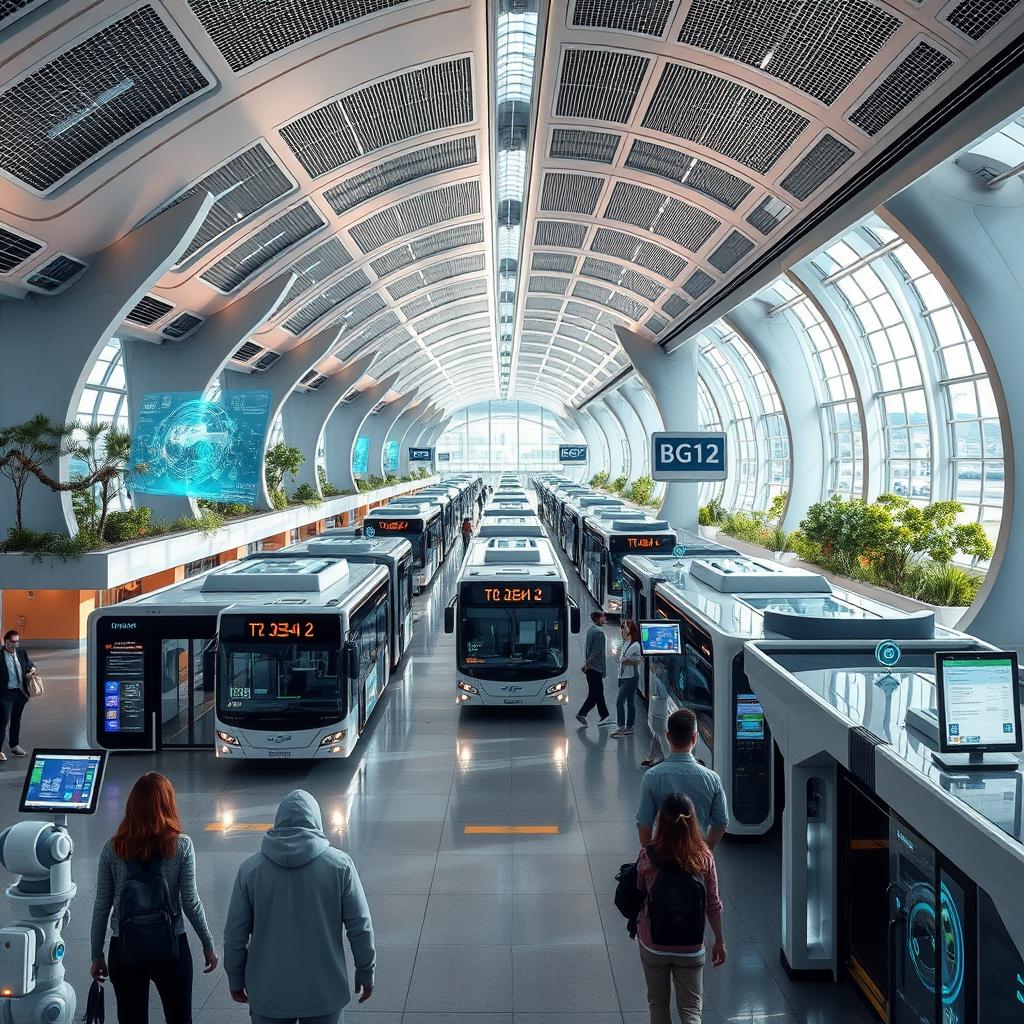 A futuristic bus terminal with advanced technology, showcasing sleek, modern architecture