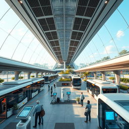 A futuristic bus terminal with advanced technology, showcasing sleek, modern architecture