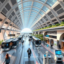 A futuristic bus terminal with advanced technology, showcasing sleek, modern architecture