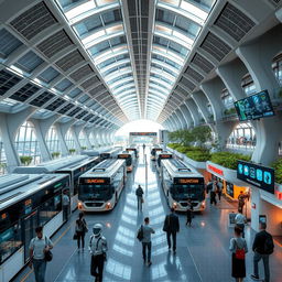 A futuristic bus terminal with advanced technology, showcasing sleek, modern architecture