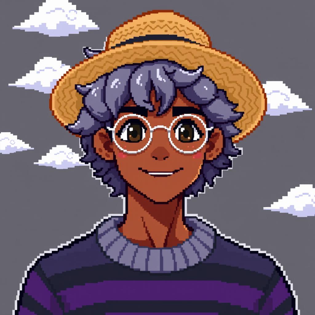 Pixel art of a 22-year-old masculine character with shoulder-length curly gray hair, wearing a straw hat and silver round glasses