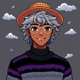 Pixel art of a 22-year-old masculine character with shoulder-length curly gray hair, wearing a straw hat and silver round glasses