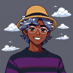 Pixel art of a 22-year-old masculine character with shoulder-length curly gray hair, wearing a straw hat and silver round glasses