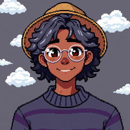 Pixel art of a 22-year-old masculine character with shoulder-length curly gray hair, wearing a straw hat and silver round glasses