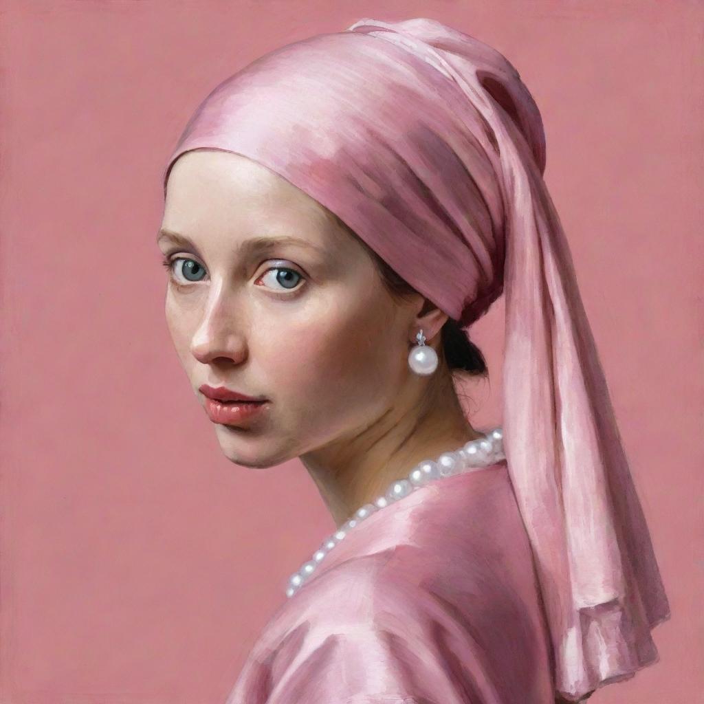 A reinterpretation of Johannes Vermeer's 'Girl with a Pearl Earring' painted exclusively in variations of the color pink.