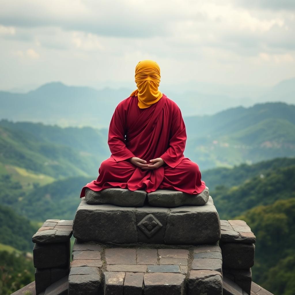 A serene, wise figure dressed in flowing, deep-red robes sits in a lotus position, meditating atop an ancient stone structure