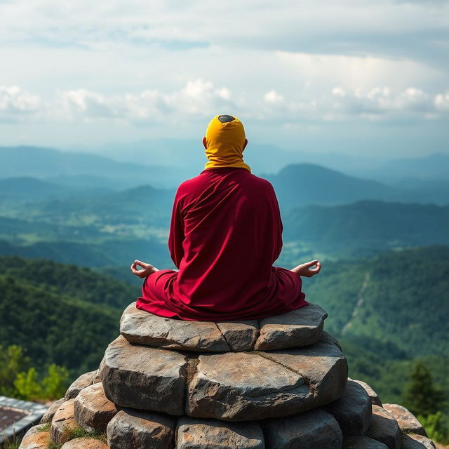 A serene, wise figure dressed in flowing, deep-red robes sits in a lotus position, meditating atop an ancient stone structure