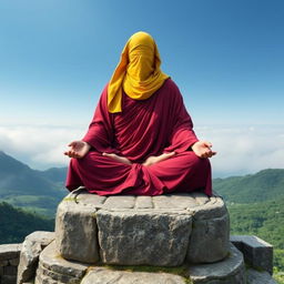 A serene, wise figure dressed in flowing, deep-red robes sits in a lotus position, meditating atop an ancient stone structure