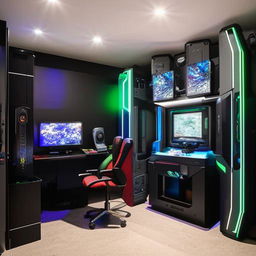 A luxurious bedroom with a dedicated small compartment for gaming, complete with high-end equipment