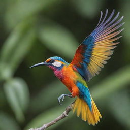 A vibrant bird with delicate, intricate feathers in full flight displaying an array of tropical colors