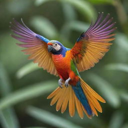 A vibrant bird with delicate, intricate feathers in full flight displaying an array of tropical colors