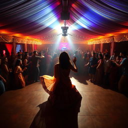 A vibrant dance club inside a large tent, bustling with 100 people who are drinking and dancing energetically