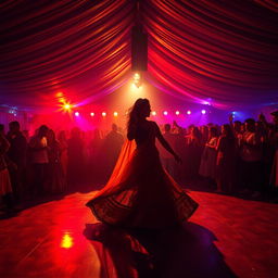 A vibrant dance club inside a large tent, bustling with 100 people who are drinking and dancing energetically