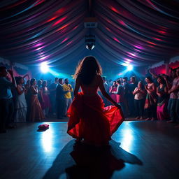 A vibrant dance club inside a large tent, bustling with 100 people who are drinking and dancing energetically