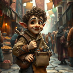 A merchant halfling in a bustling medieval marketplace