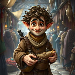 A merchant halfling in a bustling medieval marketplace