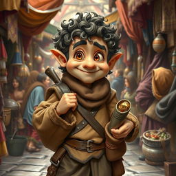 A merchant halfling in a bustling medieval marketplace