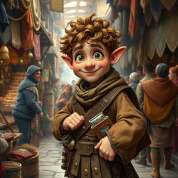 A merchant halfling in a bustling medieval marketplace