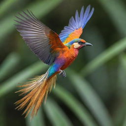 A vibrant bird with delicate, intricate feathers in full flight displaying an array of tropical colors