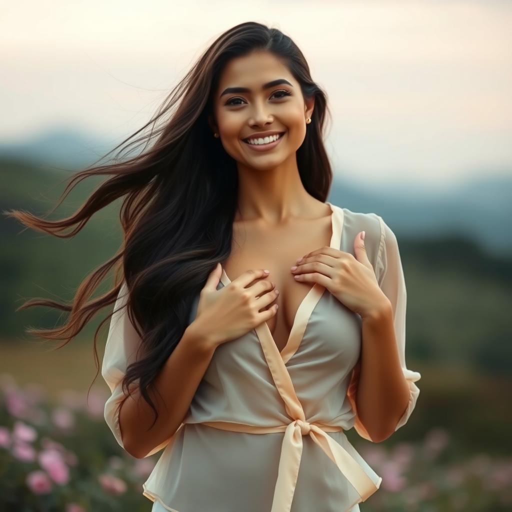 A confident woman with long flowing hair, standing in an elegant pose, gracefully holding and slightly lifting her voluptuous chest with both hands