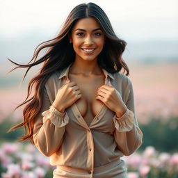 A confident woman with long flowing hair, standing in an elegant pose, gracefully holding and slightly lifting her voluptuous chest with both hands