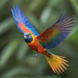 A vibrant bird with delicate, intricate feathers in full flight displaying an array of tropical colors