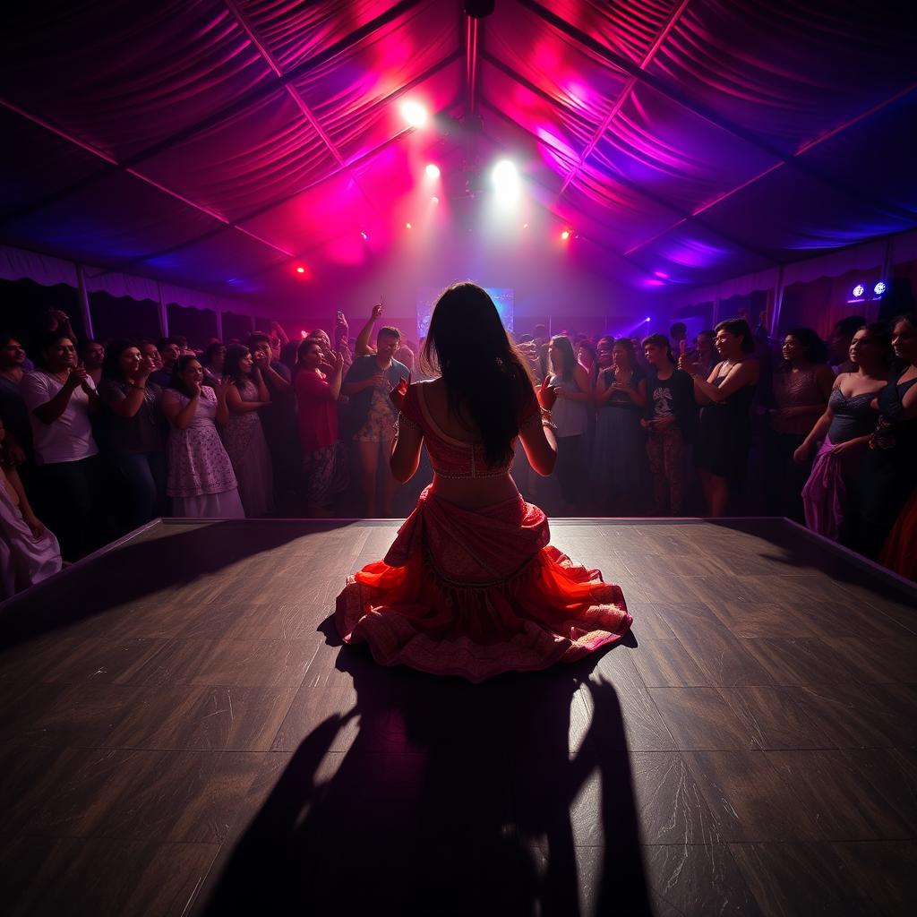 A lively dance club inside a large tent filled with 100 people energetically drinking and dancing