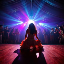 A lively dance club inside a large tent filled with 100 people energetically drinking and dancing