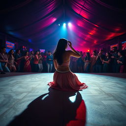 A lively dance club inside a large tent filled with 100 people energetically drinking and dancing