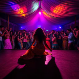 A lively dance club inside a large tent filled with 100 people energetically drinking and dancing