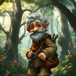 An elderly merchant halfling exploring an enchanting forest