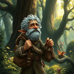 An elderly merchant halfling exploring an enchanting forest