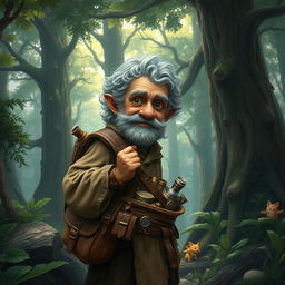 An elderly merchant halfling exploring an enchanting forest