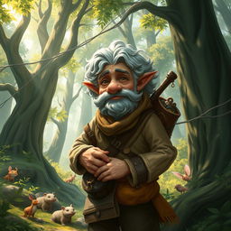 An elderly merchant halfling exploring an enchanting forest