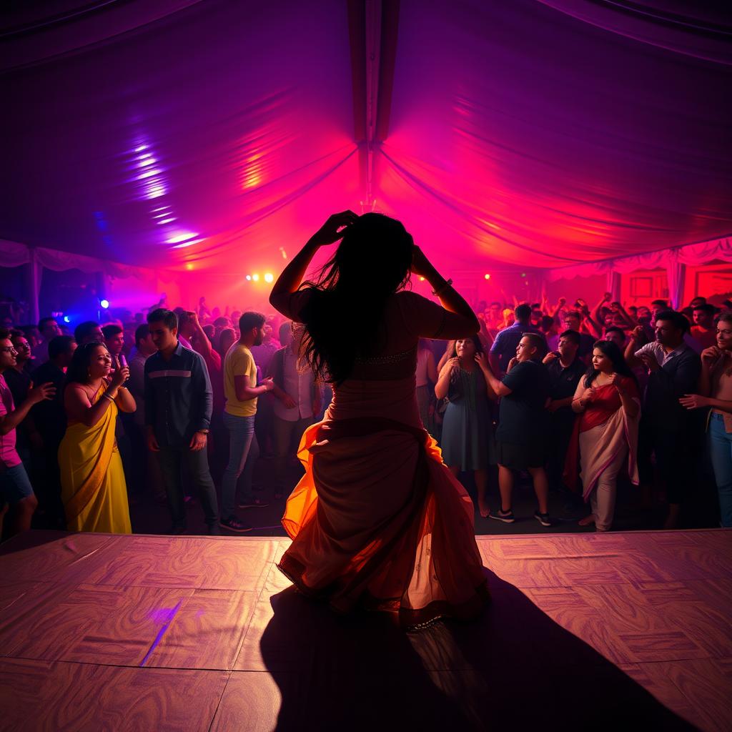 A lively dance club inside a large tent, filled with 100 energetic people drinking and dancing