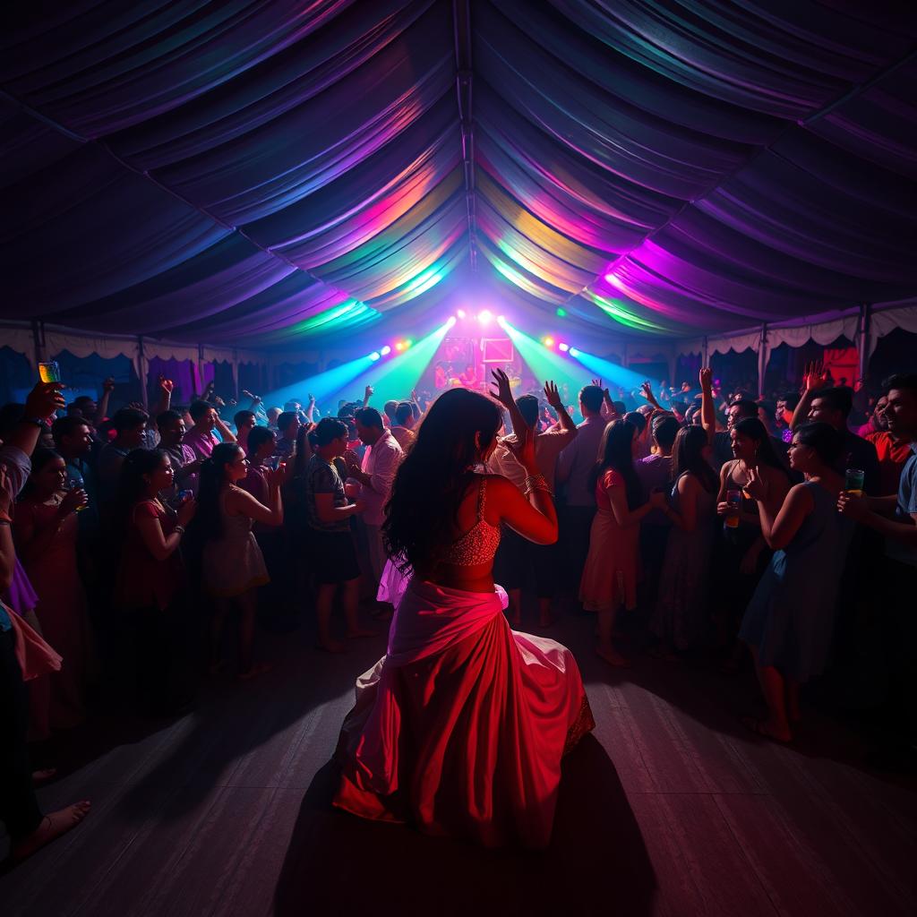 A lively dance club inside a large tent, filled with 100 energetic people drinking and dancing