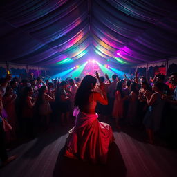 A lively dance club inside a large tent, filled with 100 energetic people drinking and dancing