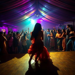 A lively dance club inside a large tent, filled with 100 energetic people drinking and dancing