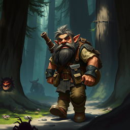 Chilchuck, a gruff halfling, makes his way through a mysterious forest