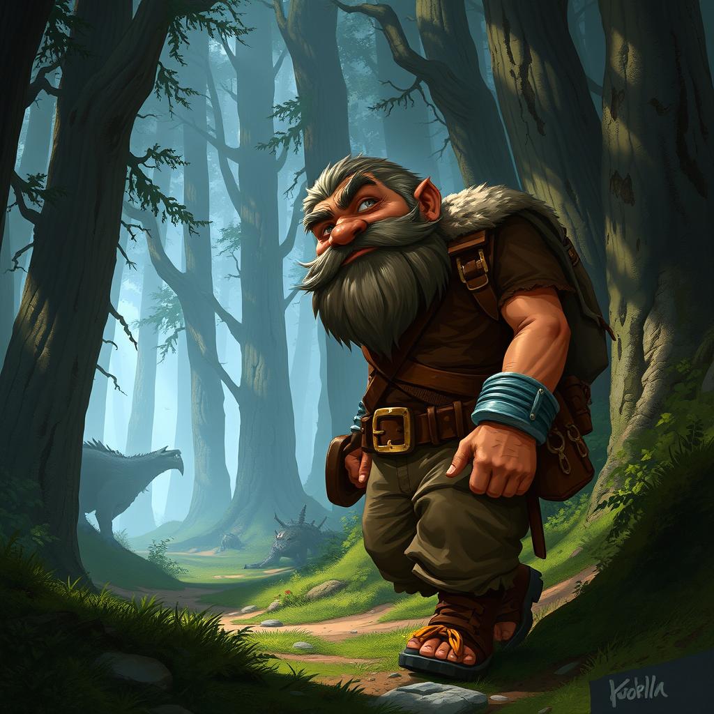 Chilchuck, a gruff halfling, makes his way through a mysterious forest