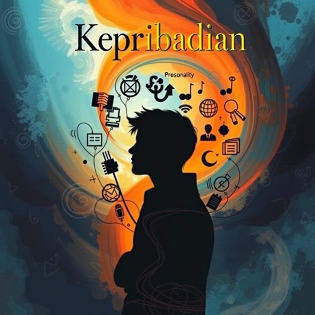 A captivating book cover illustration depicting a silhouette of a pensive figure surrounded by various symbols representing different personality traits such as creativity, leadership, empathy, and intellect