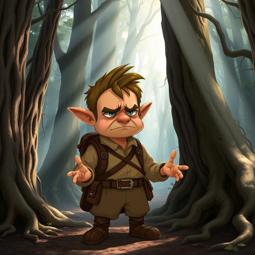 Chilchuck, an upset halfling, stands amidst a mysterious forest with a look of frustration