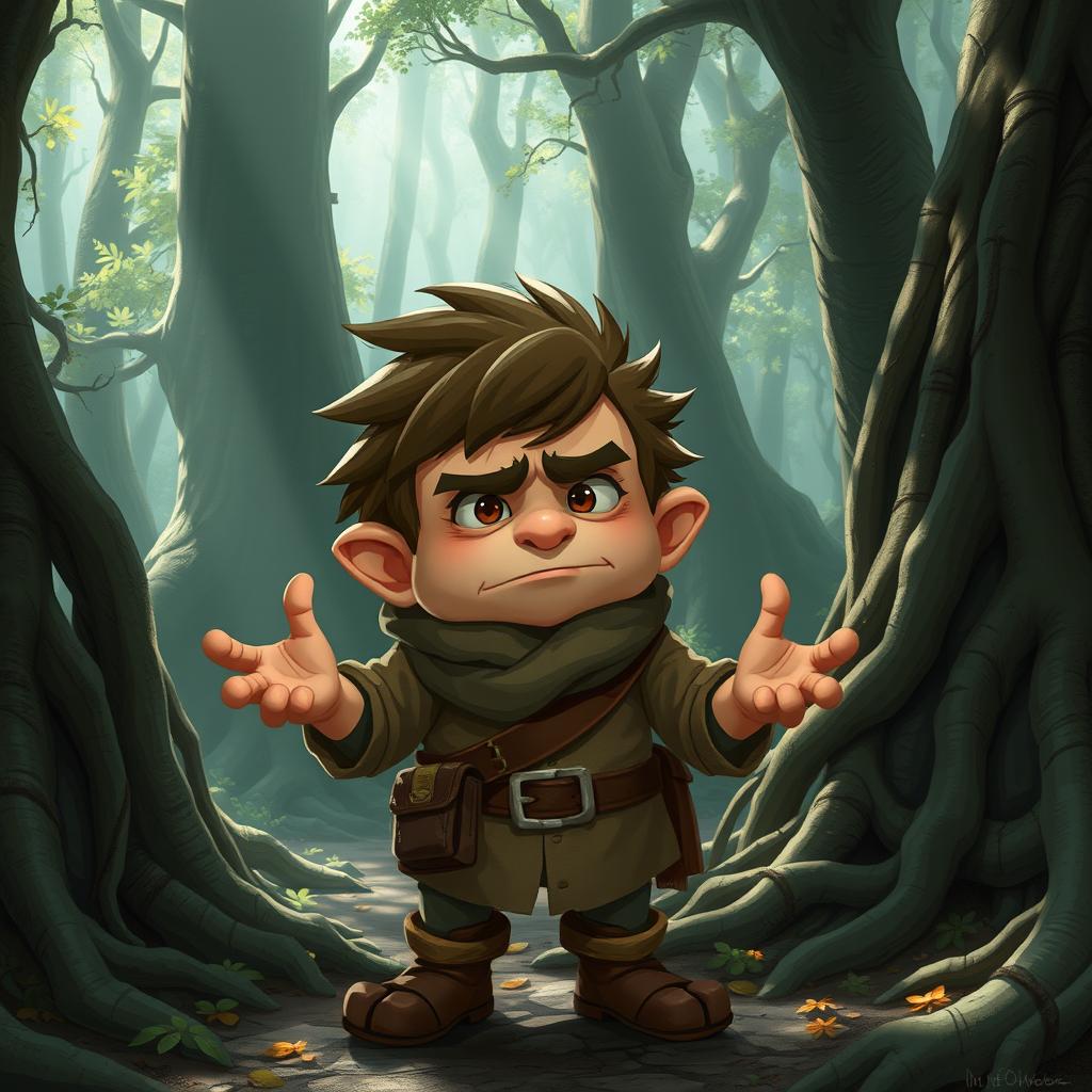 Chilchuck, an upset halfling, stands amidst a mysterious forest with a look of frustration